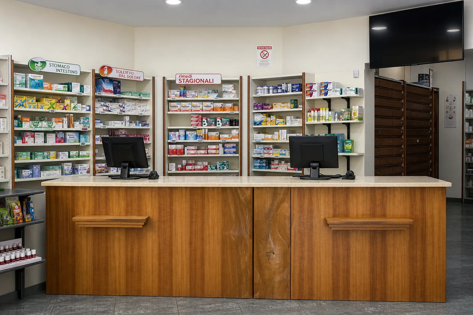 Interno ordinato della Farmacia Castagna con banco in legno e scaffali